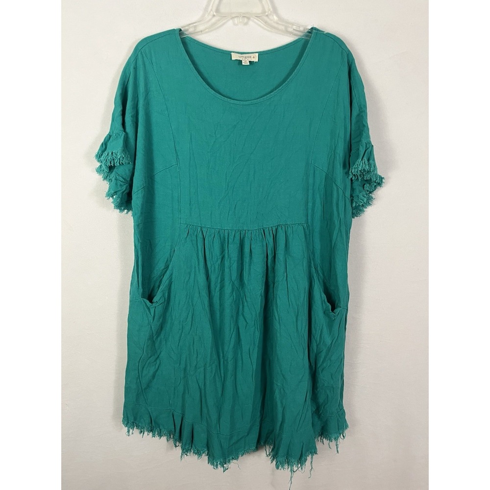 Umgee Coral Green Linen Blend Fringe Trim Shift Dress Pockets Women's Sz 1XL